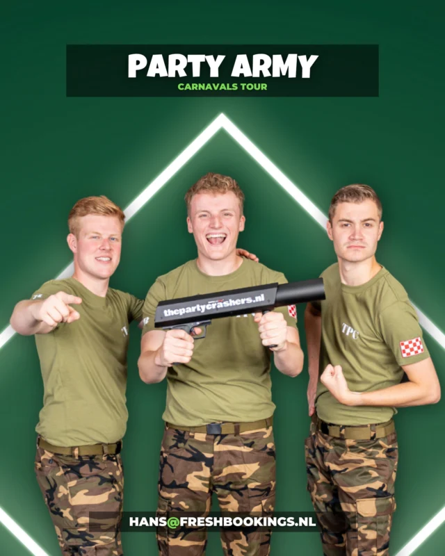𝗣𝗔𝗥𝗧𝗬 𝗔𝗥𝗠𝗬 𝗜𝗦 𝗞𝗟𝗔𝗔𝗥 𝗩𝗢𝗢𝗥 𝗗𝗘 𝗦𝗧𝗥𝗜𝗝𝗗!Carnaval 2026 wordt keihard getraind. 💪🥳Sergeanten Thijs, Daan en Bas geven je een uur lang fysieke én mentale feestbootcamp🎶 Energie. Structuur. Vreugde. Brabants niveau.📍 Boek The Partycrashers nu exclusief via @fresh.bookings #BootcampCarnaval #Partycrashers #Carnaval2026 #Feestbeestenopleiding #GeenRemmen